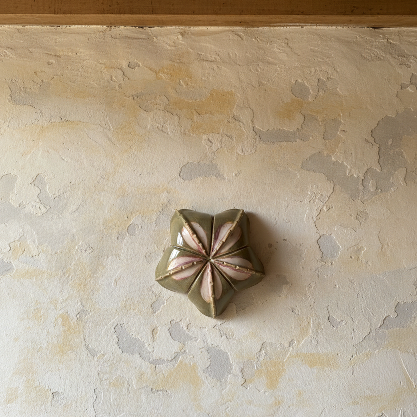 Decorative ceramic wall piece on a textured wall with wooden beams above
