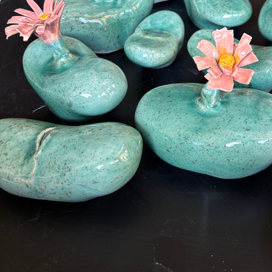 lithos  with pink flower-like structures on a black background