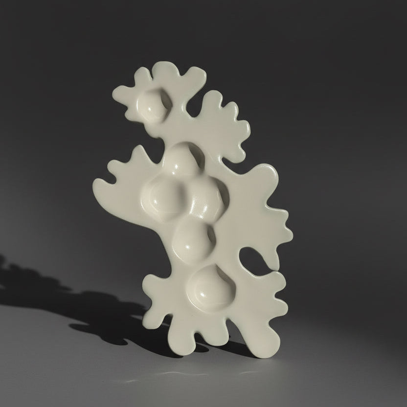 White ceramic wall hook shaped like a snowflake held by a hand against a neutral background