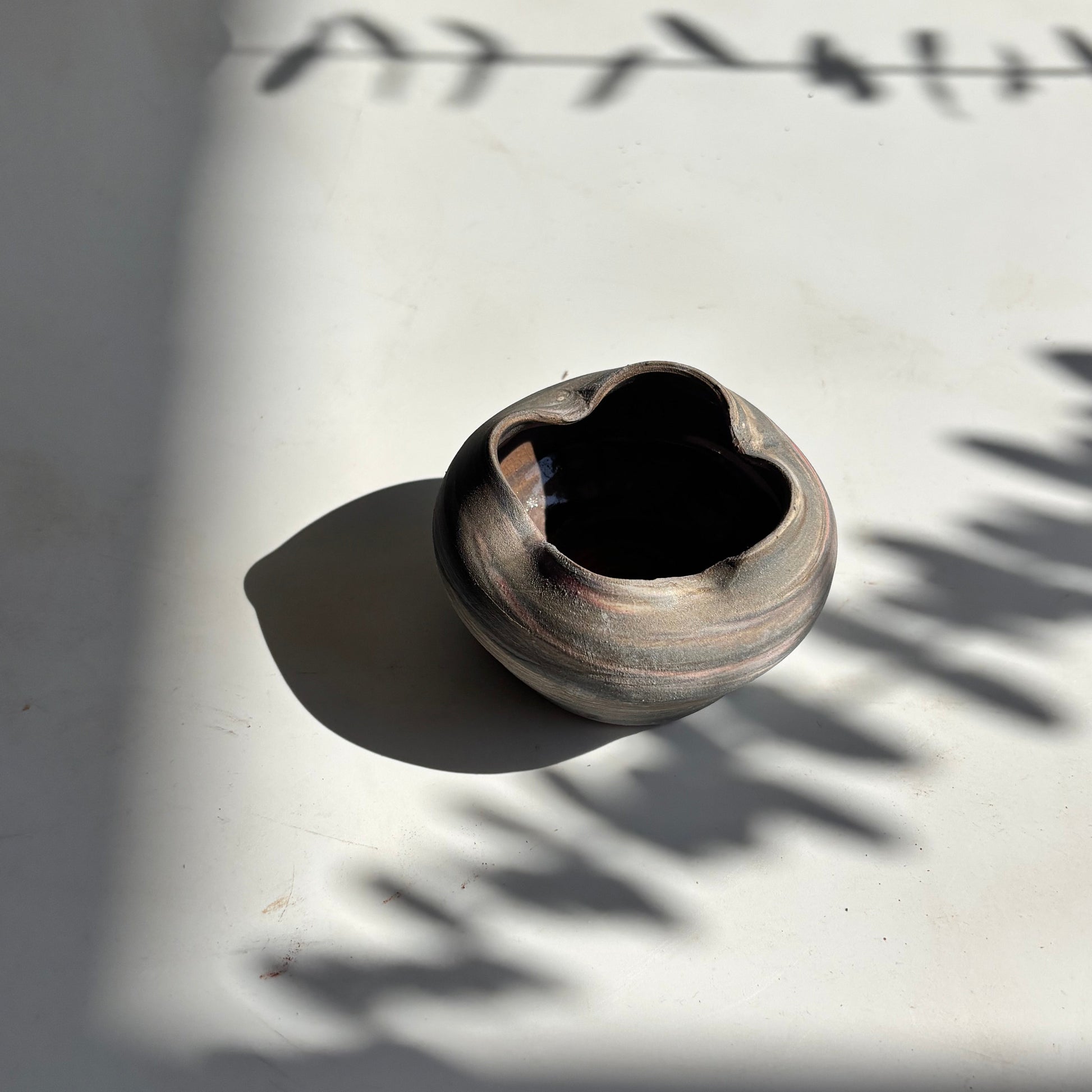 Small ceramic pot on a white surface with shadows cast by leaves.