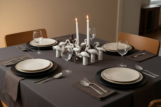Decorative candle holders shaped like birds on a wooden surface with candles lit.