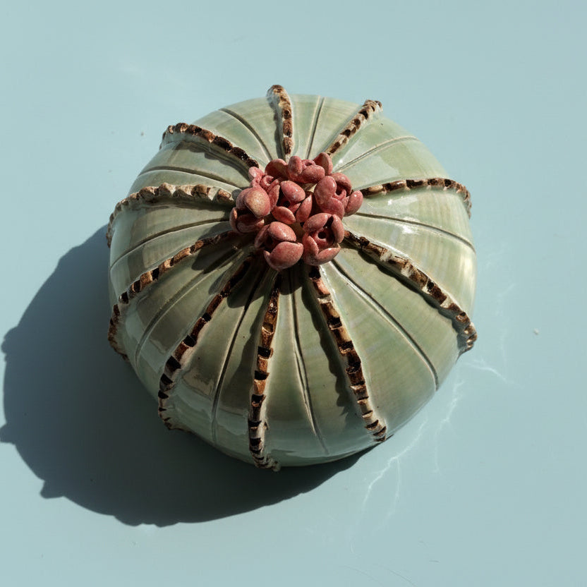 Decorative ball with spider design on a light blue background