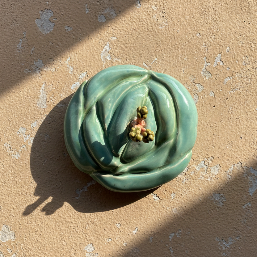 sculpture of Green succulent plant on a textured beige surface