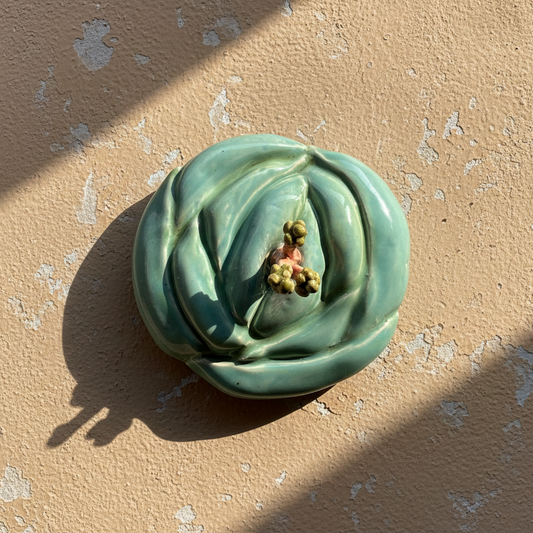 sculpture of Green succulent plant on a textured beige surface